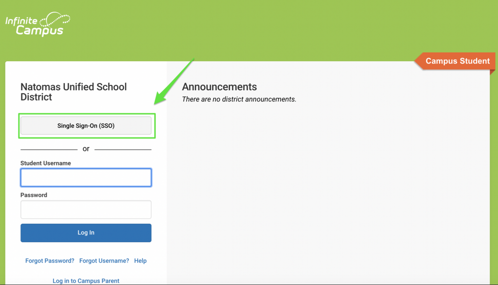screenshot of Infinite Campus Student Portal Sign in screen