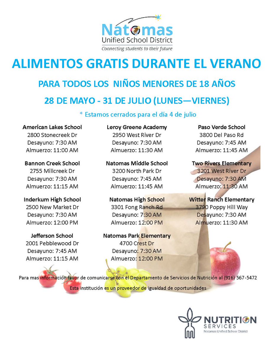 Free Summer Meals Flyer including times and locations in Spanish