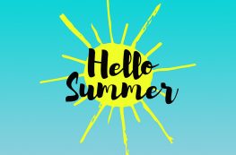 Hello summer banner design. Hello summer text in sun element for tropical season in blue background.