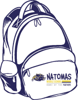 Purple outlined backpack with Natomas Middle School logo