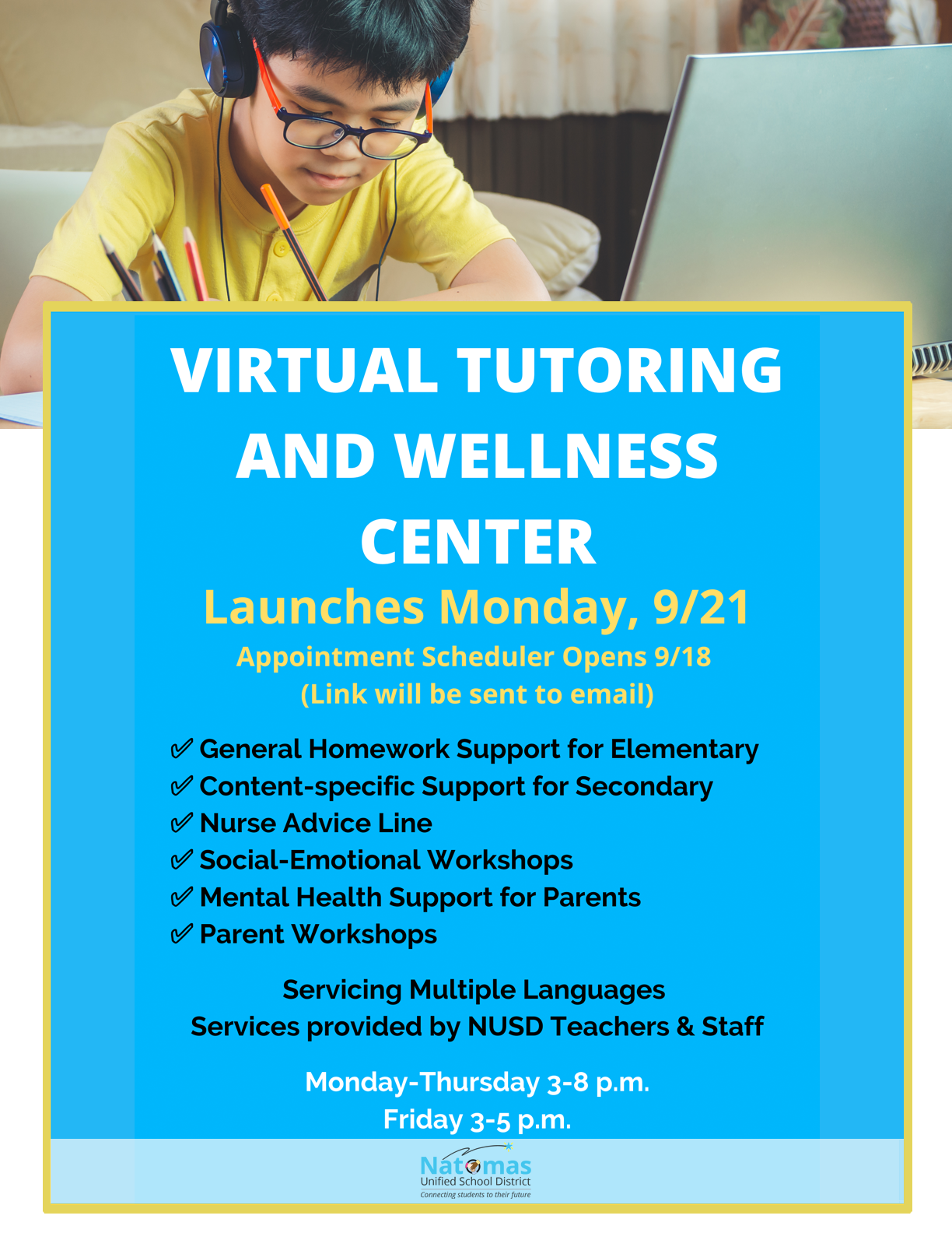 Virtual Tutoring and Wellness Center Flyer with Specific Details