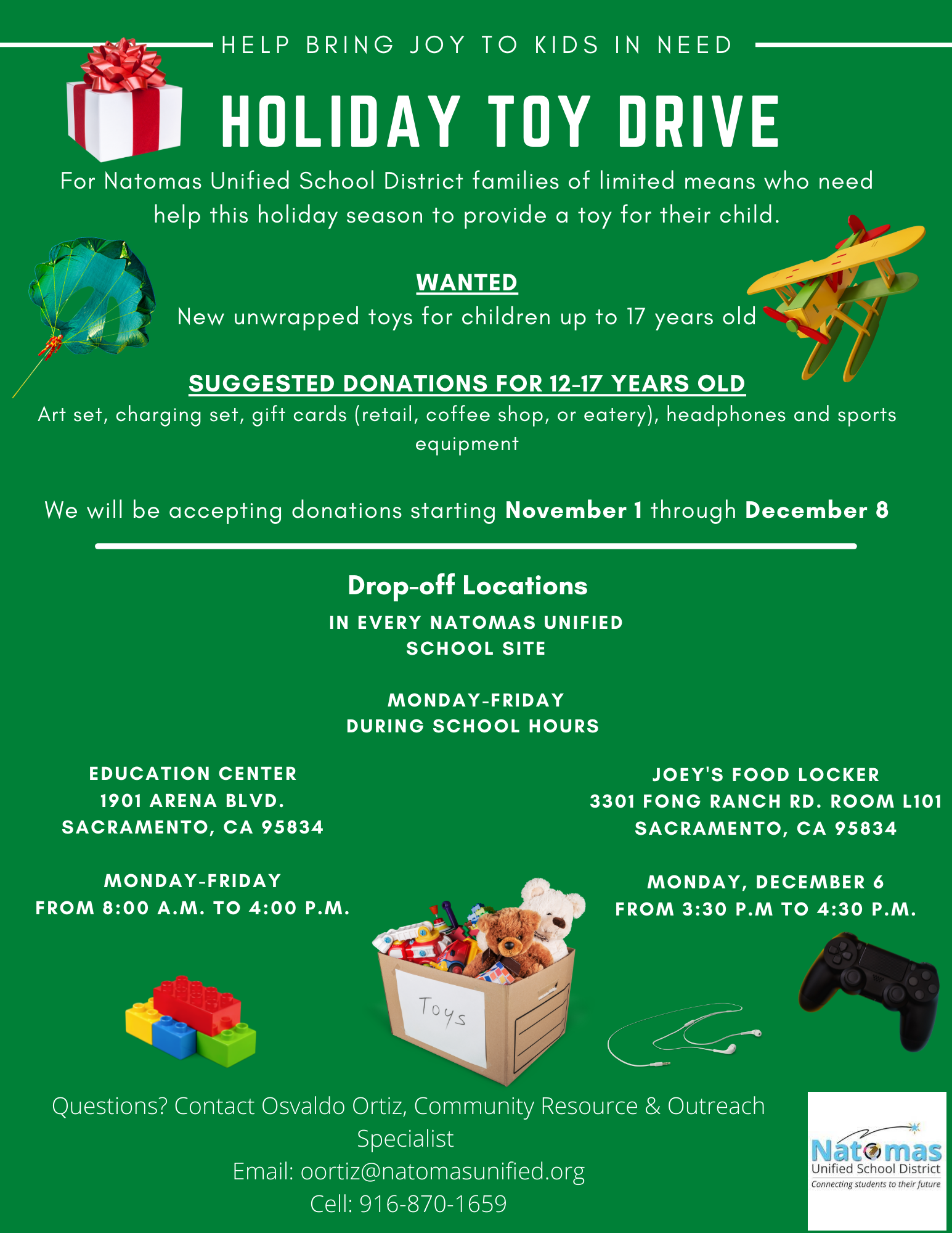 2021 NUSD Holiday Toy Drive flyer in English