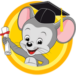 Mouse wearing grad hat holding up diploma logo
